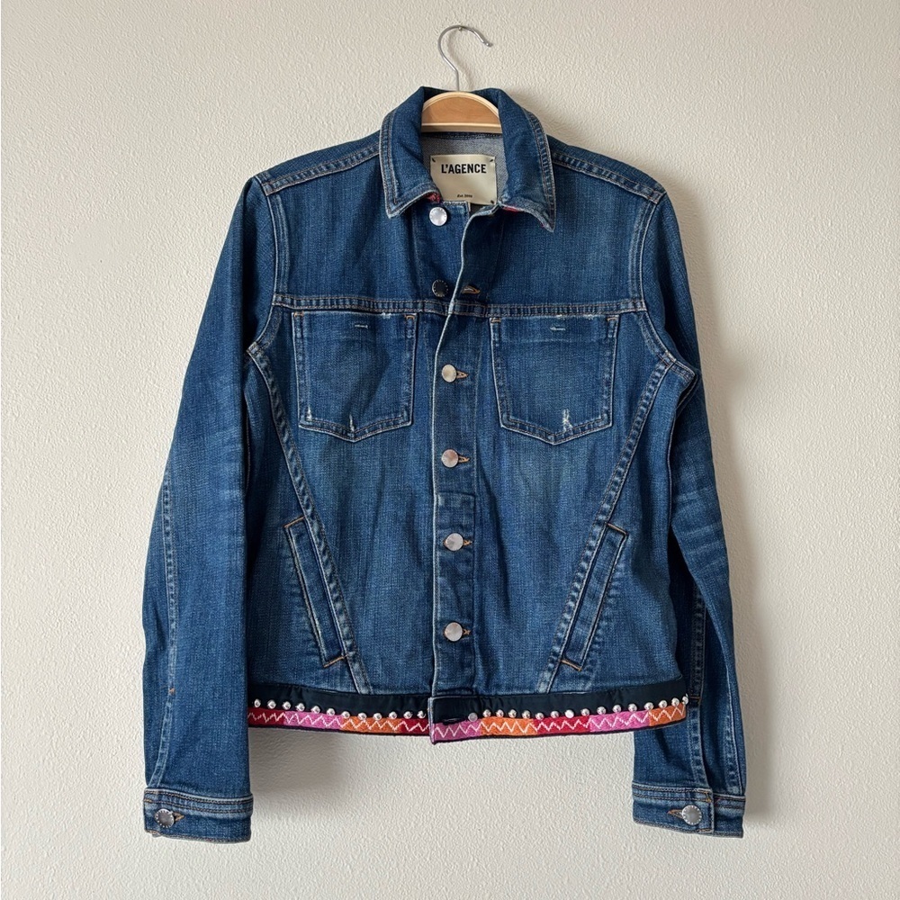 L'AGENCE Blue Denim Jean Jacket with Multicolor Trim
